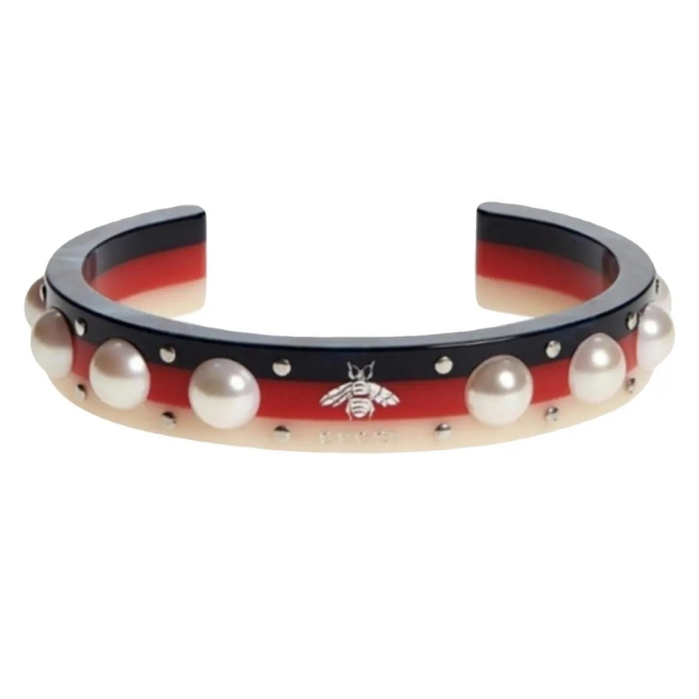 GUCCI Sylvie Web BRACELET Vintage PEARL Stud BEE Logo Italy L